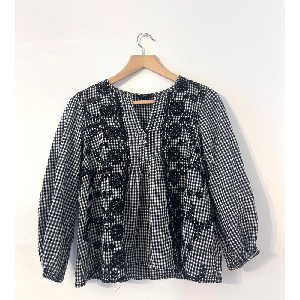J.Crew Black & White Plaid Floral Detail Blouse M